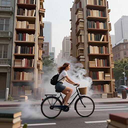 Photograph of a woman in a white shirt and denim shorts riding a black bicycle through an urban street, surrounded by book-smoke, flanked by