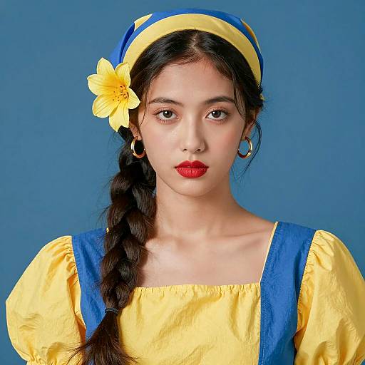 Young Woman in Blue and Yellow Traditional Dress