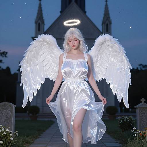 Photograph of a pale-skinned woman with white hair, angel wings, and halo, wearing a glowing white dress, standing in front of a dark