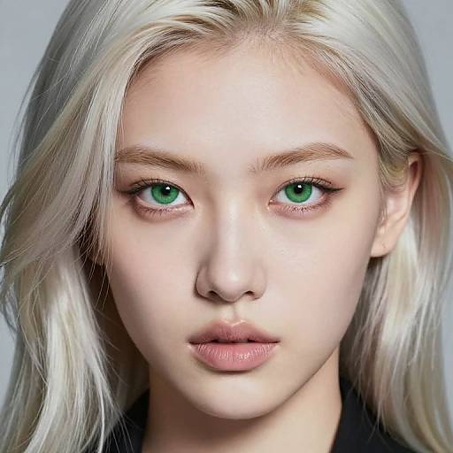 Close-up photograph of a young woman with striking green eyes, pale skin, and platinum blonde hair, looking directly at the camera.