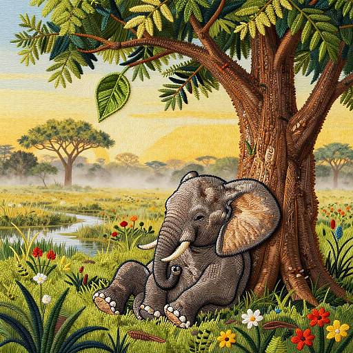 Embroidered Baby Elephant Under Tree