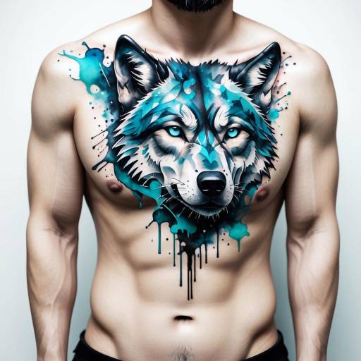 Colorful Wolf Chest Tattoo on Man