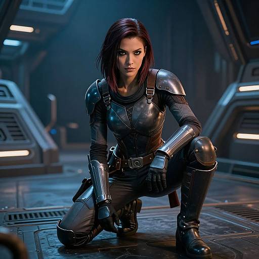 CGI image of a fierce, dark-haired woman in metallic armor, crouching in a blue-lit, futuristic spaceship corridor. She has a