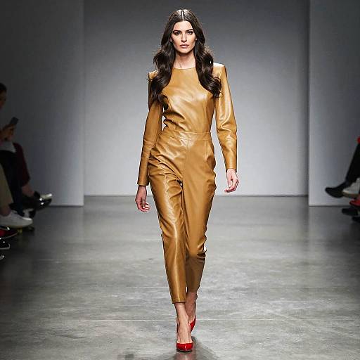Confident Female Model in Gold Jumpsuit
