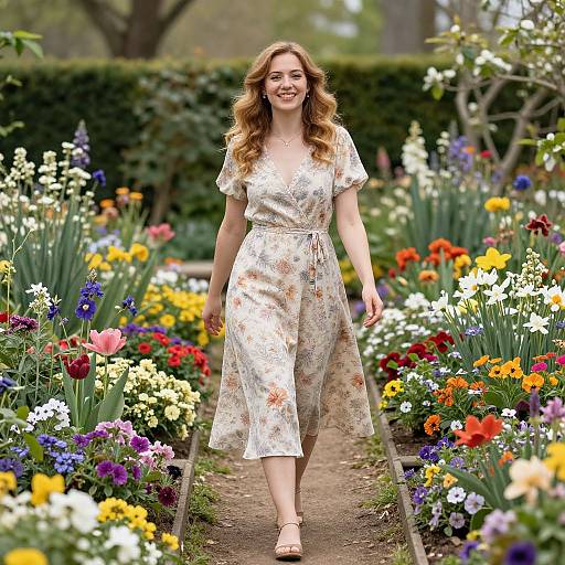 Photograph of a smiling woman with wavy brown hair, wearing a floral dress, walking through a vibrant, colorful garden path lined with blooming flowers