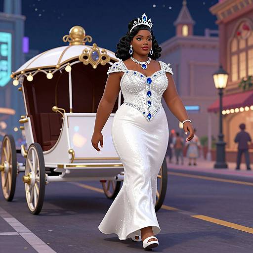 Digital illustration of a plus-sized Black woman in a white, sparkly ball gown with blue jewels, walking beside a white carriage at night in a vibrant