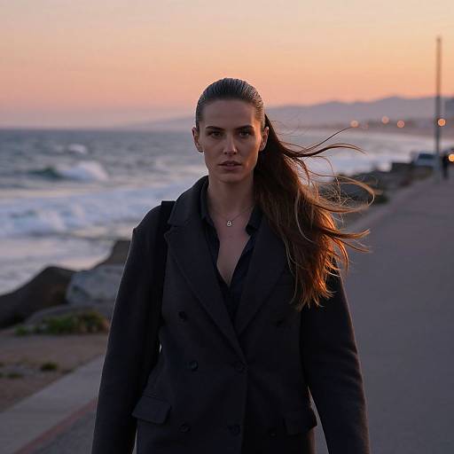 Photograph of a serious, brown-haired woman in a black jacket with windblown hair, standing on a coastal boardwalk at sunset. Waves crash