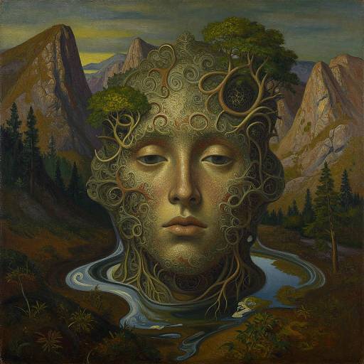 Surreal digital painting of a face with intricate, tree-like patterns blending into a mountainous, forested landscape with winding river. Dreamlike,