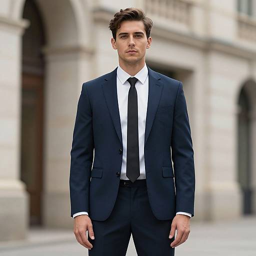 Photograph of a handsome young man with short brown hair, wearing a dark navy suit, white shirt, and black tie, standing confidently in front of