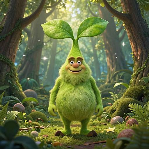 Photorealistic CGI of a fluffy, green, plant-like creature with leafy head, standing in a sunlit, enchanted forest with mushrooms and fern
