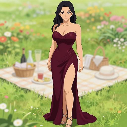 Digital anime-style illustration of a black-haired woman in a strapless, deep burgundy gown with a high slit, standing in a colorful, sunlit
