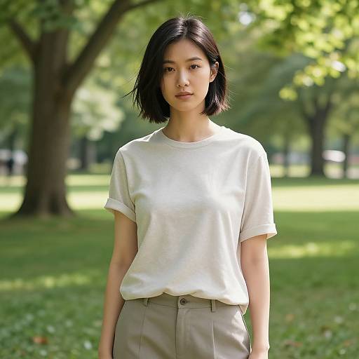 Photograph of an Asian woman with short black hair, wearing a white t-shirt and beige pants, standing in a sunlit park with green trees in