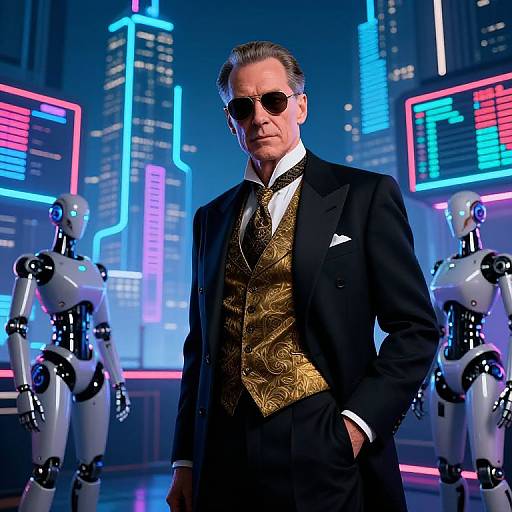 Photograph of a suave, middle-aged man in a black suit with gold paisley vest, dark sunglasses, and robotic figures in a neon-l