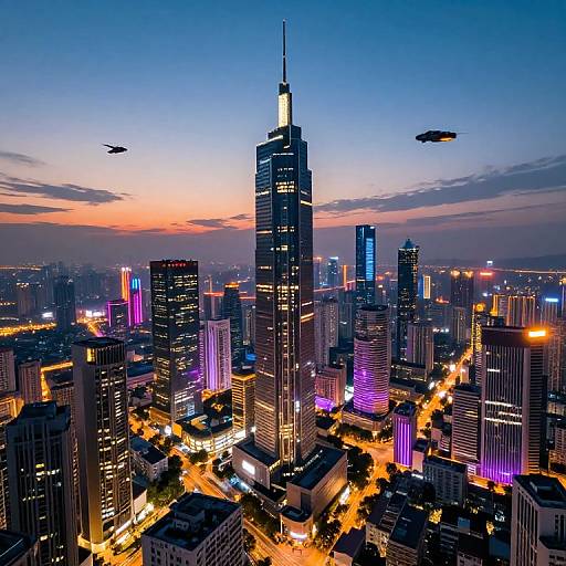 Photograph of a vibrant city skyline at dusk, featuring illuminated skyscrapers, neon lights, and two flying drones against a blue-orange sky.