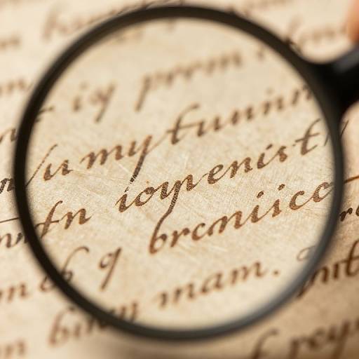 Photograph of a close-up, blurred handwritten text under a black-rimmed magnifying glass, highlighting cursive words. Background shows yellowed paper