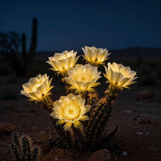 Photograph of glowing yellow desert cactus flowers in dark night, illuminated by internal light, with blurred dark desert background.