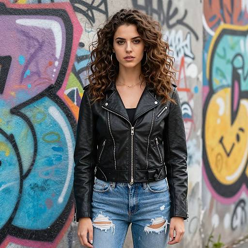 Photograph of a woman with curly brown hair, wearing a black leather jacket and ripped blue jeans, standing against a colorful graffiti-covered wall.