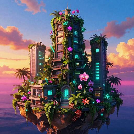 Miyazaki-Inspired Neon Rooftop Rainforest Sunset