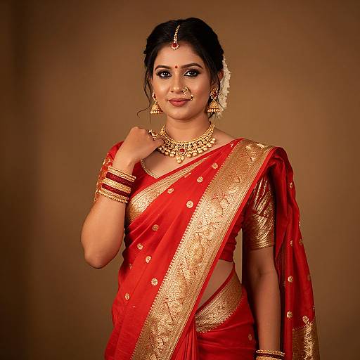 Photograph of a beautiful Indian woman in a red and gold traditional saree, adorned with gold jewelry, against a brown background.