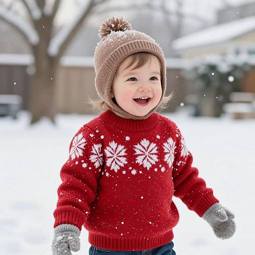 Photograph of a happy toddler with light brown hair, wearing a red knit sweater with white snowflakes, beige knit hat, and gray mittens