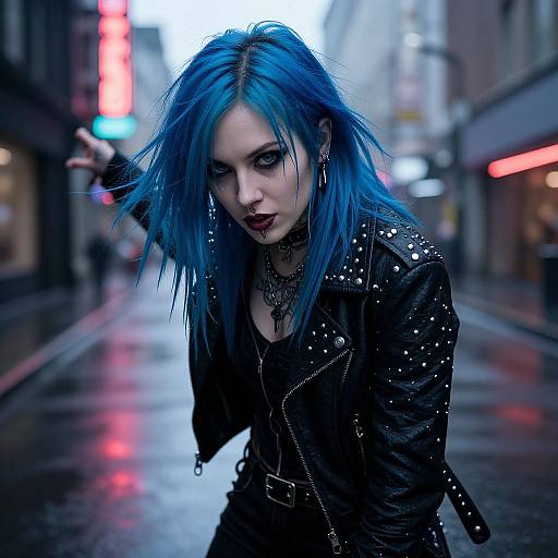Photograph of a pale-skinned woman with vibrant blue hair, black leather studded jacket, dark makeup, and city street background. Rain-soaked