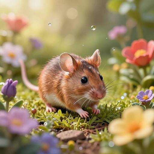 Photograph of a cute, brown, furry mouse with large black eyes standing on lush green grass, surrounded by colorful flowers and sunlight, with dew drops