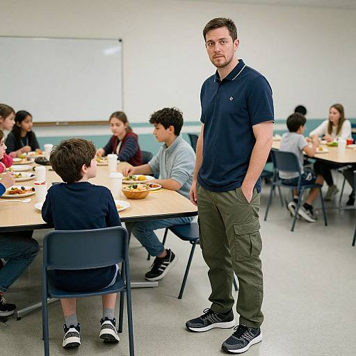 Photograph of a young, bearded man in a navy polo and green cargo pants standing in a classroom, looking at a table of children eating lunch