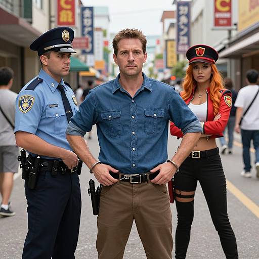 Photograph of three police officers on a busy city street; two male in uniforms, one female in red jacket and black pants, with urban storefronts