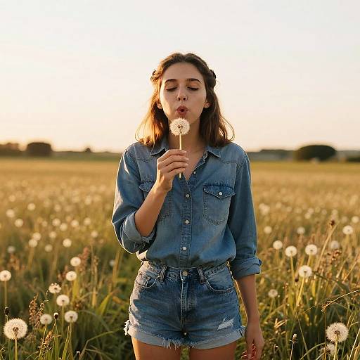 Young Woman Blowing Dandelion in Rural Field