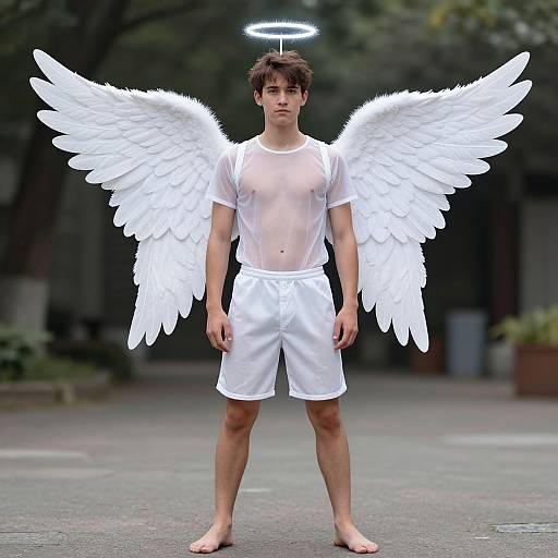 Photograph of a young man with white angel wings, halo, sheer white shirt, and shorts, standing barefoot on a paved path.