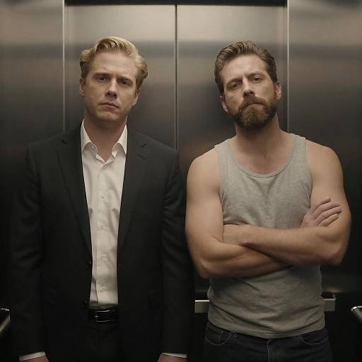 Two Men in Metallic Elevator Photo