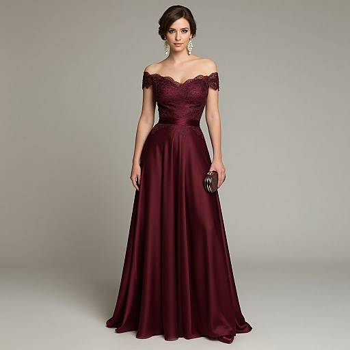 Photograph of a slender woman with fair skin and dark hair in an off-shoulder, deep burgundy evening gown, holding a small black clutch