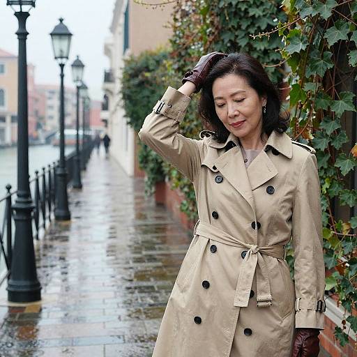 Serene East Asian Woman by Rainy Path