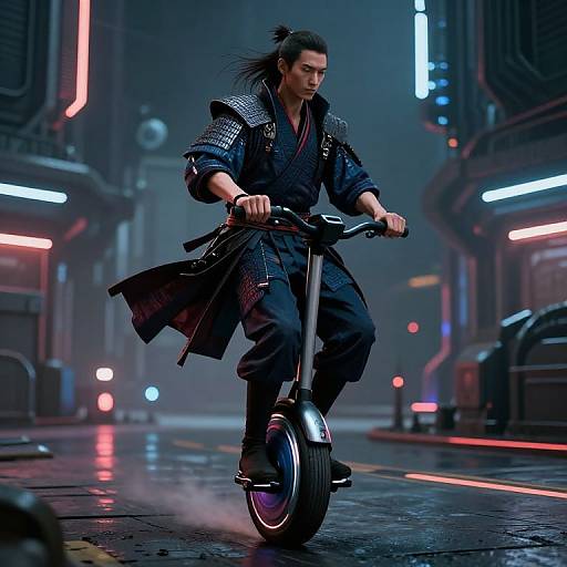 Cyberpunk scene: muscular man with long black hair, wearing a dark, textured jacket, rides a futuristic scooter on a neon-lit, rainy