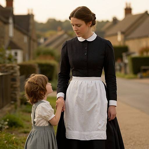 Photograph of a young woman in a black Victorian-style dress with white apron holding hands with a young boy in a white shirt and gray pina