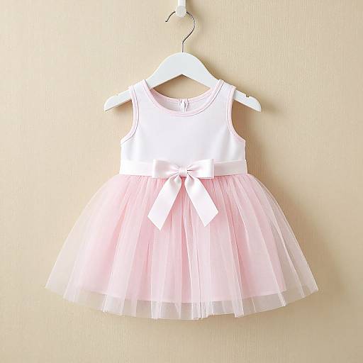 Photograph of a pink tulle sleeveless dress with white ribbon bow, hanging on a white hanger against a beige wall.