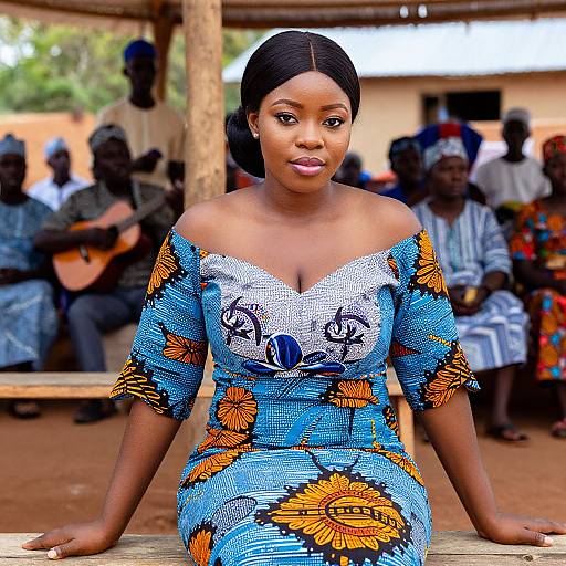 Photograph of an attractive Black woman with dark skin, wearing an off-shoulder blue and orange floral dress, sitting outdoors, with blurred musicians in