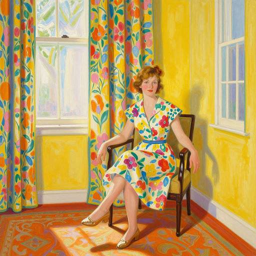 Photograph of a red-haired woman in a colorful floral dress, sitting in a yellow-yellow room with floral curtains and orange carpet. Bright sunlight streams through