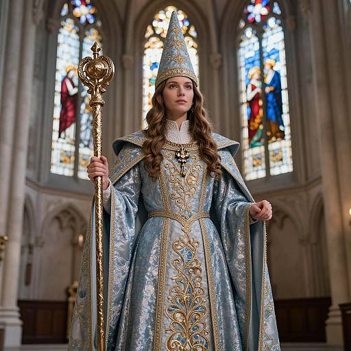 Photograph of a young woman in ornate blue and gold ecclesiastical robes and mitre, holding a gold staff, standing in a Gothic