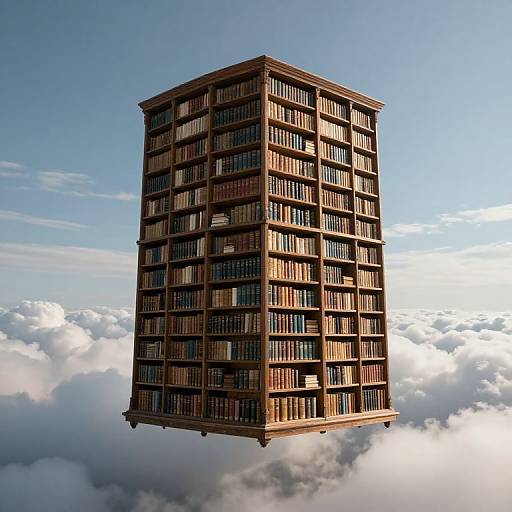 Photorealistic digital rendering of a tall, rectangular, wooden building filled with books, floating in the sky above a sea of clouds.
