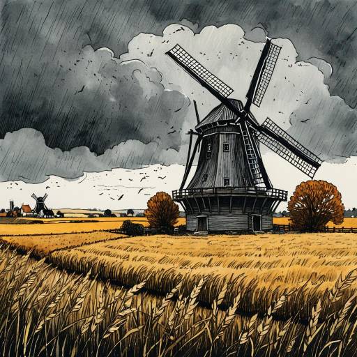 Elegant Windmill in Autumn Stormy Fields