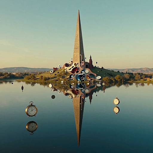 Photograph of a surreal landscape: a sharp, tall spire reflects in a calm lake surrounded by clocks, with a clear blue sky and distant hills