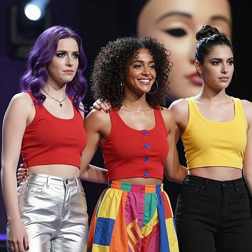 Dynamic Trio on Stage with Colorful Attire