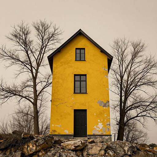 Photograph of a weathered, bright yellow, two-story house with black windows and door, standing on a stone wall, surrounded by leafless trees