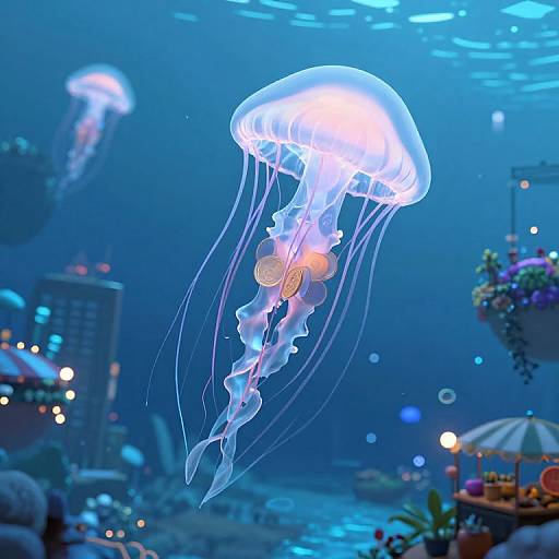 Photograph of a glowing blue jellyfish with translucent tentacles and orange accents, floating in a vibrant, underwater-themed aquarium.