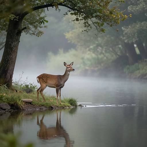 Photograph of a solitary, alert deer standing by a misty, reflective river, surrounded by lush, green trees and grass.