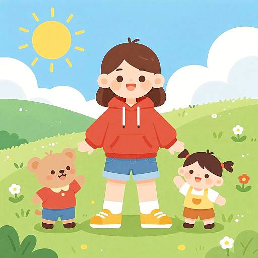 Playful Sister with Children Vector Art