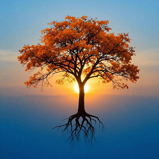 Photograph of a solitary tree with vibrant orange leaves, silhouetted against a glowing sunset, with its roots visible below, against a gradient blue