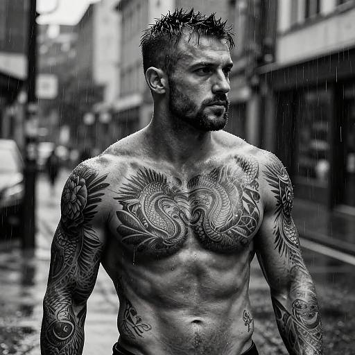 Black-and-white photograph of a muscular, tattooed man with spiked hair, standing shirtless in rainy urban street, looking to the side.
