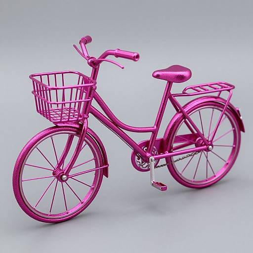 Photorealistic 3D rendering of a vibrant pink bicycle with a wire basket, textured seat, and fenders, set against a light blue gradient